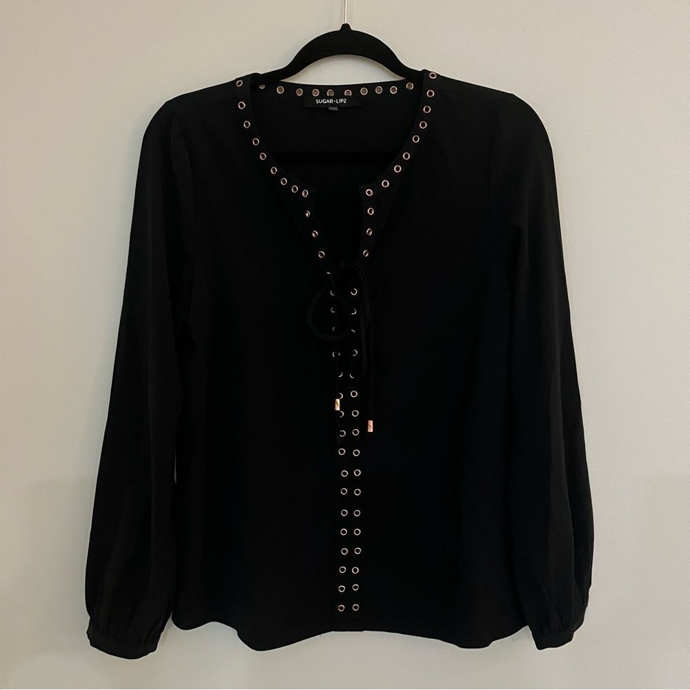 Sugar Lips Womens Black Lace Up Bronze Detailed Polyester Blouse. Size Small